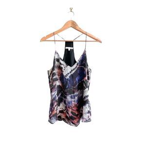 Lavender Brown 100% Silk Spaghetti Strap Racer Back Tank Top Black Abstract M